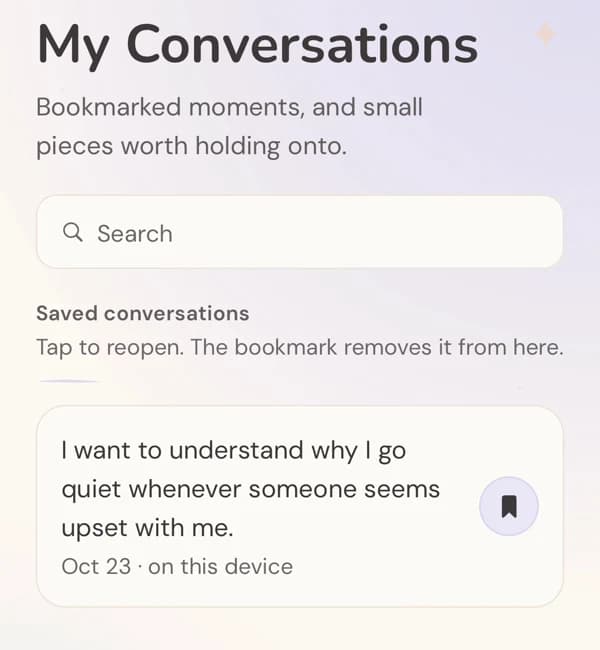 Actual My Conversations screen showing a bookmarked sample conversation, with a control to remove the bookmark.